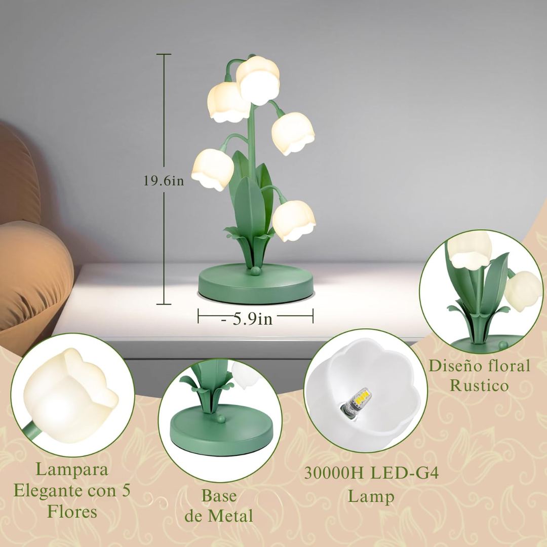 Lámpara de mesa floral vintage, Lámpara de mesita de noche de 5 lirios