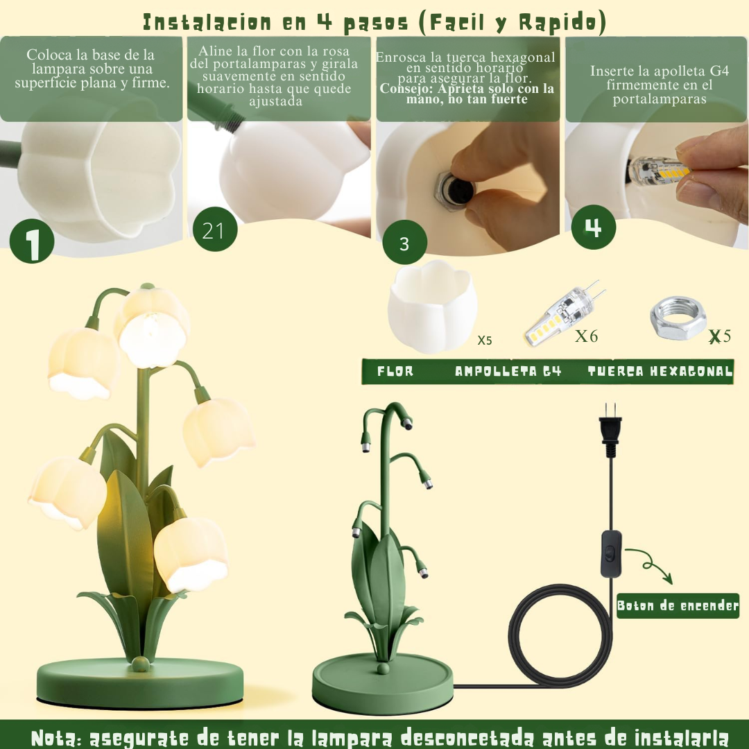 Lámpara de mesa floral vintage, Lámpara de mesita de noche de 5 lirios