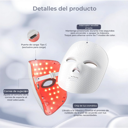 Mascarilla Facial LED de 7 colores, mascarilla Facial de luz roja para rejuvenecimiento