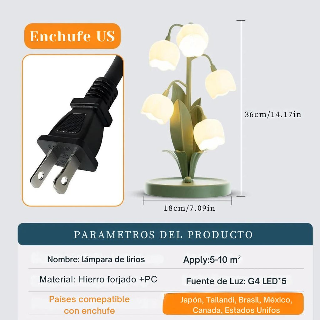 Lámpara de mesa floral vintage, Lámpara de mesita de noche de 5 lirios